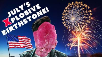 A man's head is replaced by a large, rough ruby specimen.