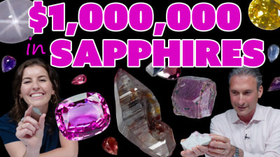 Two hosts show sapphire crystals and faceted sapphire gemstones.