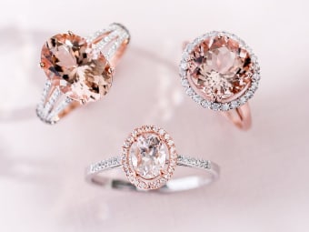 round silver morganite ring and two rose gold morganite rings