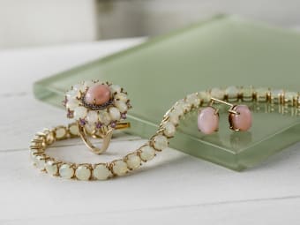 pink and ethiopian opal ring, ethiopian opal tennis bracelet, pink opal
gold earrings