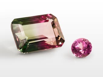 bi-color emerald cut watermelon tourmaline and pink brilliant cut gemstone