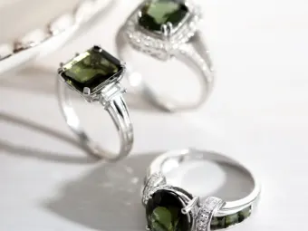 These are three moldavite rings set in silver.