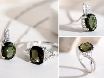 Faceted moldavite rings and earrings set in silver.