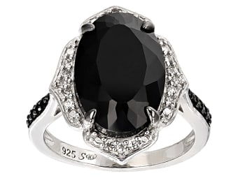 large oval shaped black spinel ring set in silver