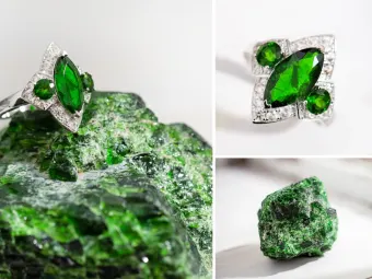 A polished chrome diopside ring and chrome diopside rough specimen are
shown together.