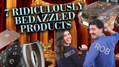 Two people pose with expensive and bedazzled products.