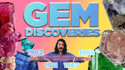 A man poses with different gems discovered in different years.