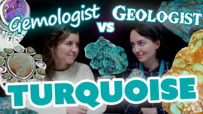 A geologist and gemologist observe turquoise.