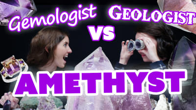 geologist and gemologist look at amethyst gems