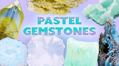 a group of faceted gemstones and crystals with pastel colors