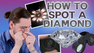 A gemologist inspects a polished and faceted gemstone with a 10x loupe.