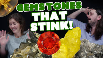 A man and woman react to a group of smelly stones.