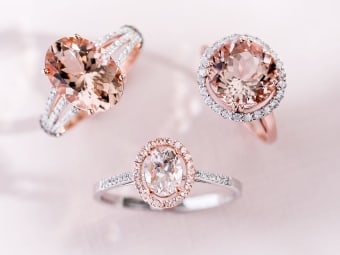 round silver morganite ring and two rose gold morganite rings 