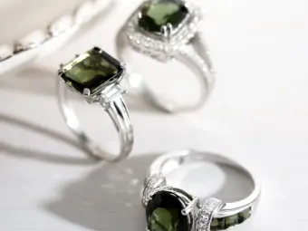 These are three moldavite rings set in silver. 