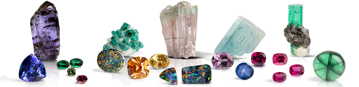 A variety of gemstones and mineral specimens